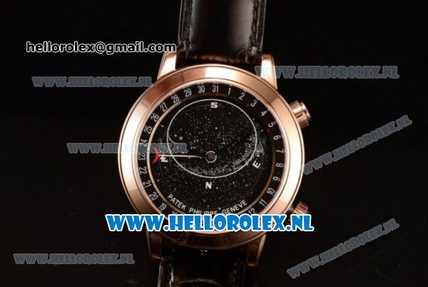 Patek Philippe Grand Complication Sky Moon Celestial Compass Miyota 9015 Automatic Rose Gold Case with Black Dial and Black Genuine Leather Strap (GF) - Click Image to Close
